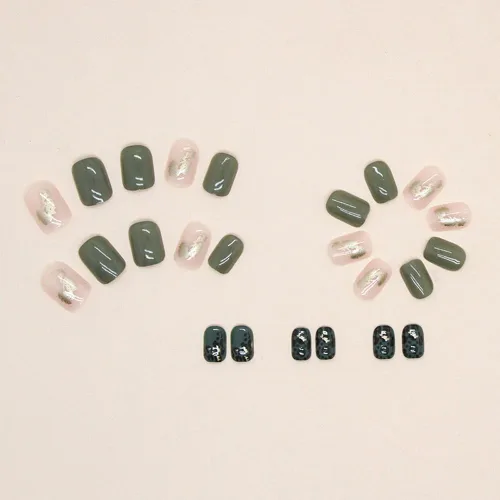 Vista 3 de Uñas postizas a presión verdes, uñas postizas cortas con diseño de leopardo, cuadradas, brillantes, con purpurina, uñas postizas acrílicas