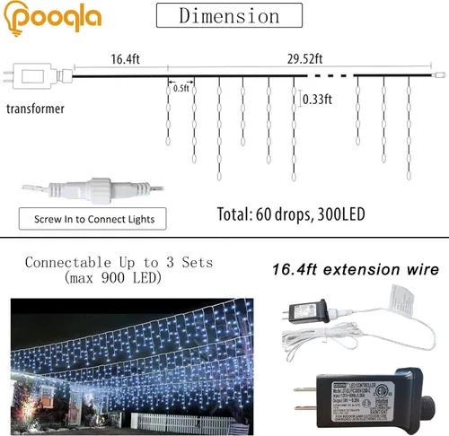Vista 4 de Luces de carámbano de Navidad para decoración al aire libre, 8 modos, 300 luces LED conectables de 30 pies, 60 gotas para aleros, ventana, hogar