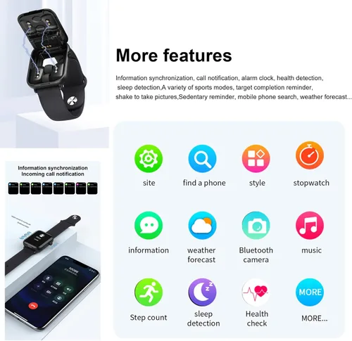 Vista 6 de Tuanzi X8S Reloj inteligente 2 en 1 con audífonos, TWS, Bluetooth, monitor de salud, reloj deportivo, rastreador de actividad (X8S-negro)