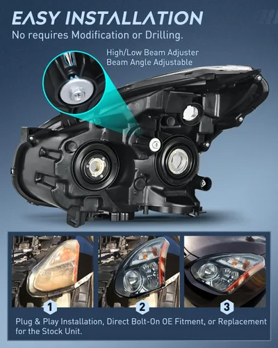 Vista 8 de Ensamble de faro Nilight compatible con Nissan Rogue 2008 2009 2010 2011 2012 2013 2014 2015 Select, lámparas de repuesto con carcasa negra