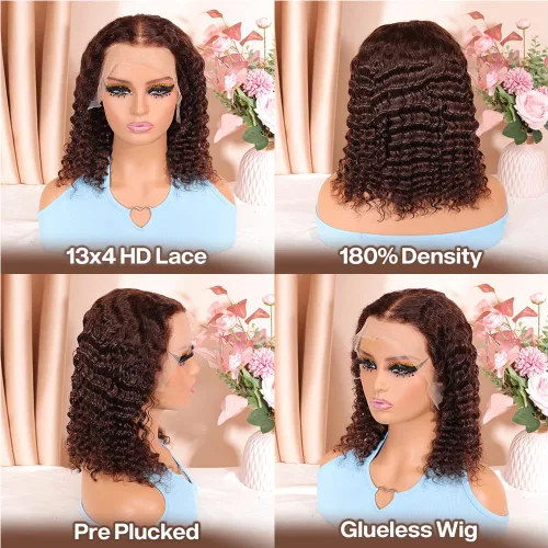 Vista 3 de Pelucas de cabello humano rizado marrón chocolate con encaje frontal, prearrancadas de 13 x 4 pulgadas, pelucas de encaje frontal HD de onda