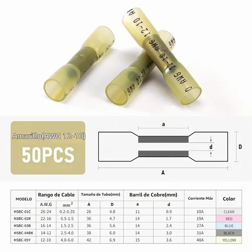 Vista 2 de 50 conectores de cable a tope termorretráctiles, 50 unidades de 12-10 AWG con aislamiento amarillo, impermeables, conectores de cable eléctrico