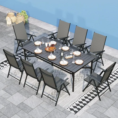 Vista 15 de Sophia & William Juego de comedor de patio para 8 personas, juego de mesa de comedor al aire libre grande cuadrada de metal negro y 8 sillas
