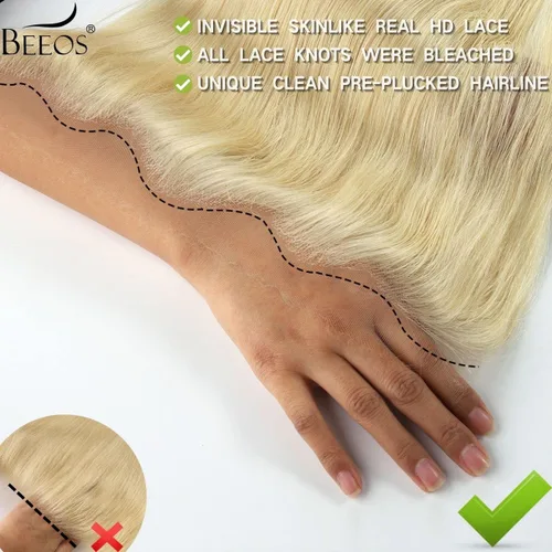 Vista 4 de BEEOS Frontal de Encaje HD de 13 x 4 pulgadas Solamente, cabello humano virgen lacio de color rubio 613, línea de cabello prearrancado de 0.10mm