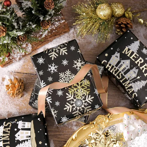Vista 4 de RUSPEPA Juego de papel de regalo de Navidad negro y dorado, mini rollo, papel de regalo navideño con lámina dorada con árbol, copo de nieve y diseño