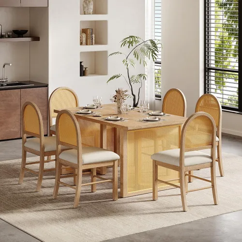 Vista 27 de Juego de mesa de comedor rústica de 6 piezas con mesa rectangular de caballete y 4 sillas tapizadas y banco, juego de mesa de comedor de cocina