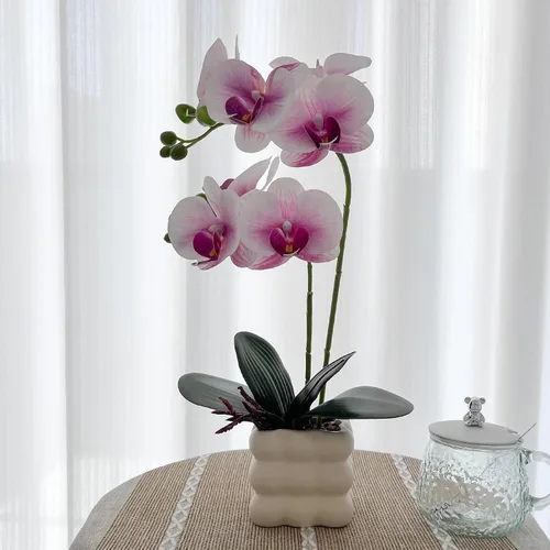 Vista 17 de Orquídeas artificiales Floreros de plata, orquídeas artificiales, orquídea naranja, altura 20 pulgadas