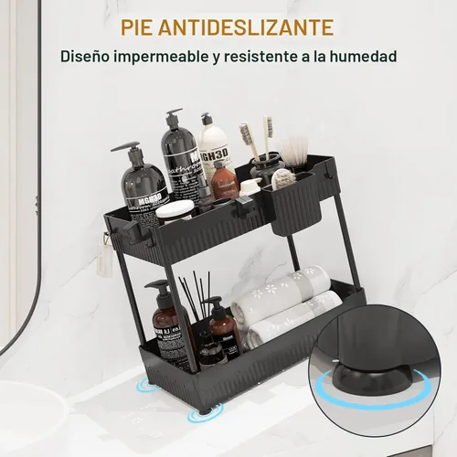 Vista 6 de Sevenblue - Juego de 2 organizadores bajo el fregadero, organizador bajo el gabinete del baño con taza colgante con ganchos, estante de Negro