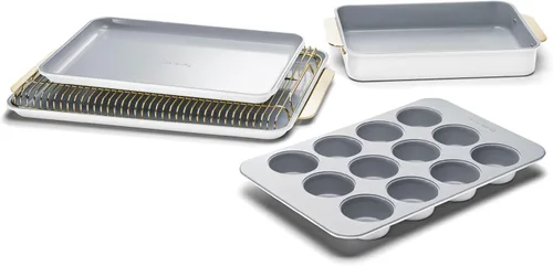 Vista 23 de Caraway Juego de utensilios de cerámica antiadherente para hornear (5 piezas) – bandejas para hornear surtidos y almacenamiento – Cuerpo de acero