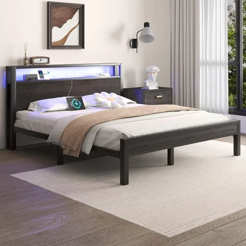 Vista 3 de LOEWAY Base de cama tamaño Queen con cabecero de almacenamiento y luces LED, color gris