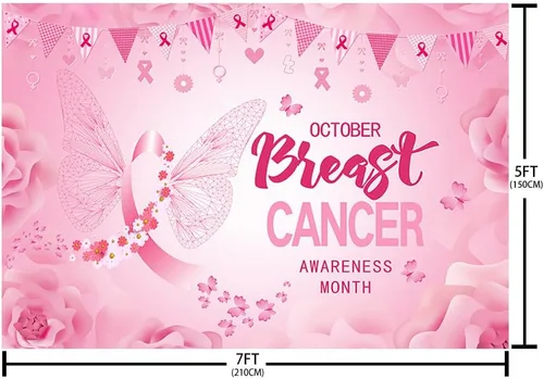 Vista 5 de AIBIIN Fondo de concientización sobre el cáncer de mama de 7 x 5 pies para fotografía sobre el cáncer de mama, decoraciones de fiesta, pancarta