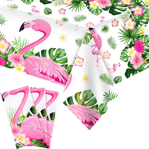 Vista 8 de Preboun 3 manteles de verano con diseño de flamenco para fiestas, mantel de plástico tropical hawaiano, 54 x 108 pulgadas, decoración de mesa rosa