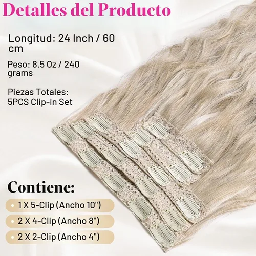 Vista 7 de REECHO Extensiones de cabello con clip, 5 piezas, de 24 pulgadas, de color rubio ceniza, extensiones de cabello con ondas largas y sueltas, HE002