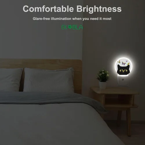 Vista 4 de EKOBLA Luces nocturnas con forma de gato y mariposas, enchufables a la pared, mariposa en la nariz del gato, lindas luces nocturnas enchufables