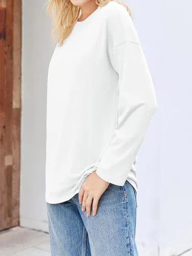 Vista 21 de Fisoew Camisetas de manga larga para mujer, holgadas, casuales, con cuello redondo, blusa suave