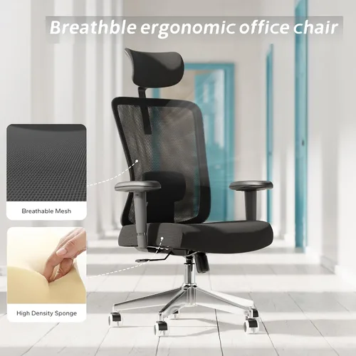 Vista 7 de Silla de oficina ergonómica, silla de escritorio de malla con reposacabezas ajustable y reposabrazos 2D, sillas de computadora con soporte lumbar