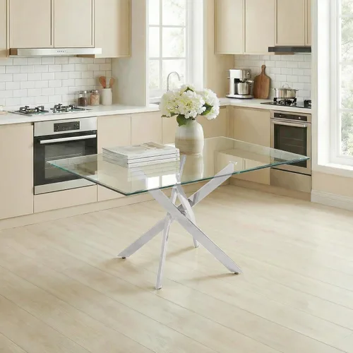 Vista 9 de Knocbel Mesa de comedor rectangular de 59 pulgadas para 4 a 6, mesa de cocina contemporánea con parte superior de vidrio templado y patas cruzadas