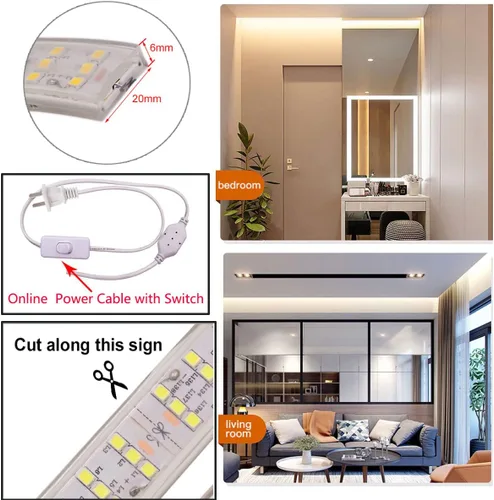 Vista 8 de SUYOOULIN Tira de luces LED, AC110V-130V 3.3 pies/3.3 ft Waterpoof IP68 súper brillante 6000LM 4040 180 LEDs/m tira de luces LED flexibles