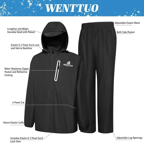 Vista 3 de WENTTUO Chaqueta impermeable para hombre, chaqueta de lluvia para hombre, traje de pantalones, abrigos de lluvia para hombres, equipo de lluvia