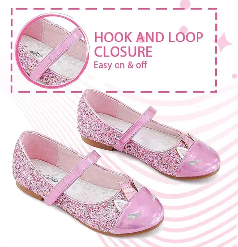 Vista 4 de Furdeour - Zapatos de vestir para niñas tipo Mary Jane, boda, fiesta, damas de honor, zapatos con brillantina, princesa, ballet, zapatos planos
