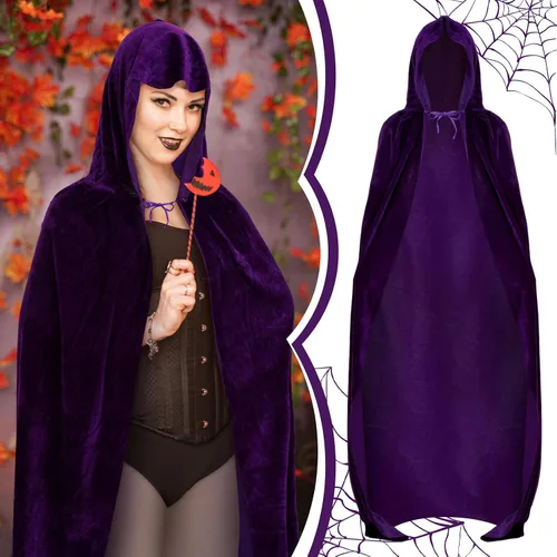 Vista 4 de 6 Pcs Halloween Purple Cape Adjustable Stone Chain with Red Gems Diamond Wig Nets and Pantyhose Set for Halloween Cosplay