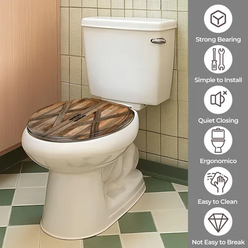 Vista 7 de Round Toilet Seat Rustic Wooden Barn Doors Natural Brown Wood Symmetrical Resin Toilet Seat with Quietly Close Quick Release Hinges Replacement