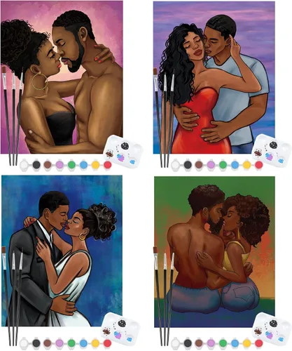 Vista 7 de Nuberlic Paquete de 4 pinturas elegantes de 8 x 10 pulgadas, lienzo predibujado para pintar para adultos Afro Queen sorbo y pintura, recuerdo