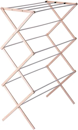 Vista 12 de Household Essentials Estante de secado de ropa plegable de bambú, estante de lavandería de lujo con 11 clavijas, respetuoso con el medio ambiente