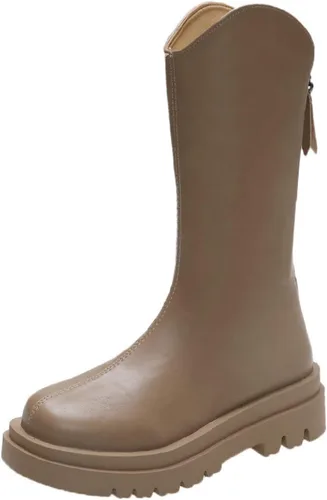 Vista 3 de Botas de pantorrilla ancha para mujer, suela gruesa de trabajo vaquera con cremallera trasera, estilo británico