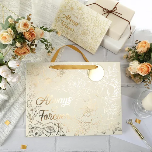 Vista 4 de Loveinside Bolsa de regalo de boda – Diseño de texto floral y siempre y para siempre con papel de seda, tarjeta de felicitación y etiqueta