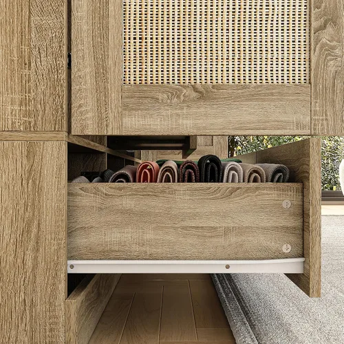 Vista 6 de Homsee Armario de 8 puertas, armario de dormitorio con puertas de ratán, 5 cajones, 2 barras colgantes, armarios superiores y estantes, color marrón