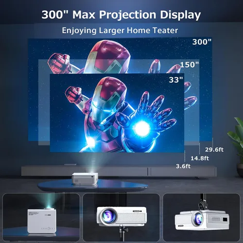 Vista 5 de FUDONI - Proyector Bluetooth WiFi nativo 1080P, altavoz incorporado, portátil Max 300" Screen, Compatible with HDMI, USB, AV, TF, VGA, Fire Stick