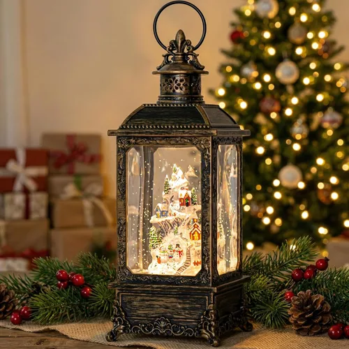 Vista 15 de Gnomos de Navidad de 10 pulgadas, linterna de globo de nieve iluminada, caprichoso árbol de Navidad y elfo escandinavo, linterna de agua musical