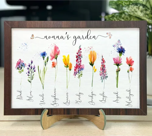 Vista 27 de Nazenti Letrero personalizado con marco de jardín de la abuela con nombres de nietos y flor de nacimiento para regalo del día de la madre, regalos