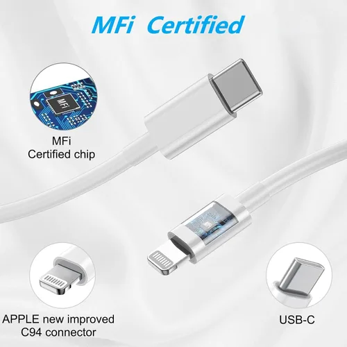 Vista 4 de [Certificado MFi de Apple] Cargador USB C Lightning de carga rápida para iPhone 14 13 12 11 con 20 W PD 6 pies de carga rápida USB C a cable