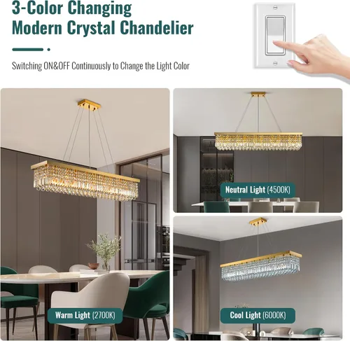 Vista 6 de Lámpara rectangular moderna de cristal dorado de 47 pulgadas para Montaje colgante