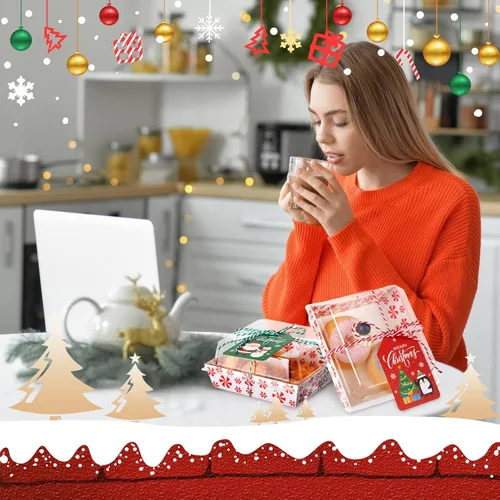 Vista 2 de Yaomiao 50 piezas de cajas de charcutería de Navidad con cuerdas y tarjetas, caja de comida de Navidad con tapas transparentes, contenedores