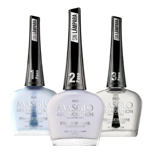 Vista 5 de MASGLO Evolution - Esmalte de uñas con efecto gel, sin lámpara UV/LED, duración de hasta 12 días, 3 unidades, base, color, brillo, efecto de gel sin