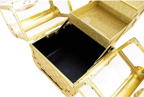 Vista 5 de Ver Beauty Art Craft Tattoo Maquillaje Acrílico Mini Tren Caja Organizadora de Caja de Aluminio Dos Estantes Voladizos con Tapa Espejo Cerraduras