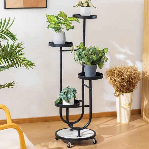 Vista 5 de CHPHI Soporte para plantas de hierro forjado de 4 niveles para interiores, estante alto de metal para múltiples plantas, soporte de metal con ruedas