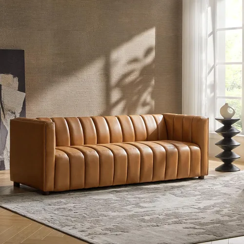 Vista 10 de HULALA HOME Sofá de cuero genuino de 83 pulgadas con diseño de canal, color Negro