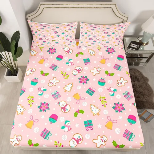 Vista 17 de Juego de sábanas con diseño de Papá Noel y muñeco de nieve para niños, niñas y niños, de temática navideña, juego de cama con diseño de árbol