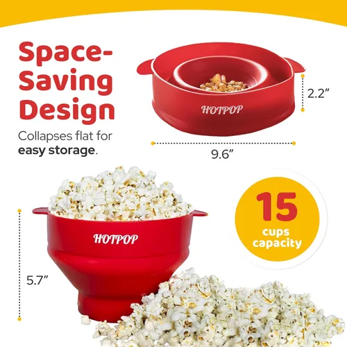 Vista 3 de The Orginal HOTPOP - Máquina para hacer palomitas de maíz de silicona, para microondas con asas, cuenco plegable, resistente al calor, fácil