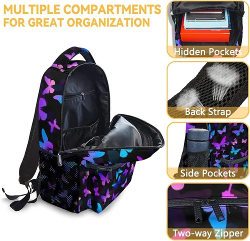 Vista 6 de Mochila de mariposa para niñas y niños, mochila de 16 pulgadas para niños y estudiantes, mochilas escolares de gran capacidad para niños