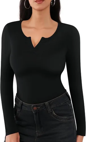 Vista 2 de MANGOPOP Body de manga larga para mujer con cuello en V recortado, leotardo para salir, ajustado