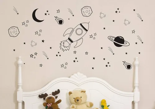 Vista 2 de A37 - Decoración de habitación temática de espacio negro - Calcomanías de pared de cohete y barco para guardería de bebés y niños