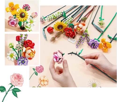 Vista 3 de MEIEST Mini bloques de construcción, ramo de flores, conjunto de modelo de plantas, flores artificiales creativas de bricolaje, colección botánica