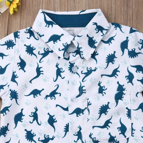 Vista 4 de Conjunto de camisa de manga corta con botones y pantalones cortos casuales con diseño de flamingo, para bebés y niños de 1 a 6 años, atuendos