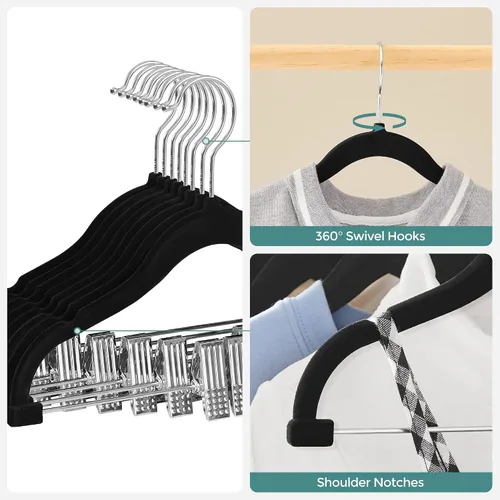 Vista 8 de SONGMICS Paquete de 30 perchas para pantalones de bebé con clips, perchas para niños con 6 separadores de ropa, perchas antideslizantes para ropa