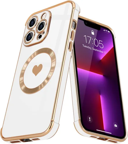 Vista 33 de Funda magnética para iPhone 13, para mujeres y niñas, chapado de lujo, lindo corazón de amor, cubierta trasera suave, protección completa de lente